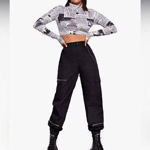 Black cargo pants with silver chain and zipper detail, size L.